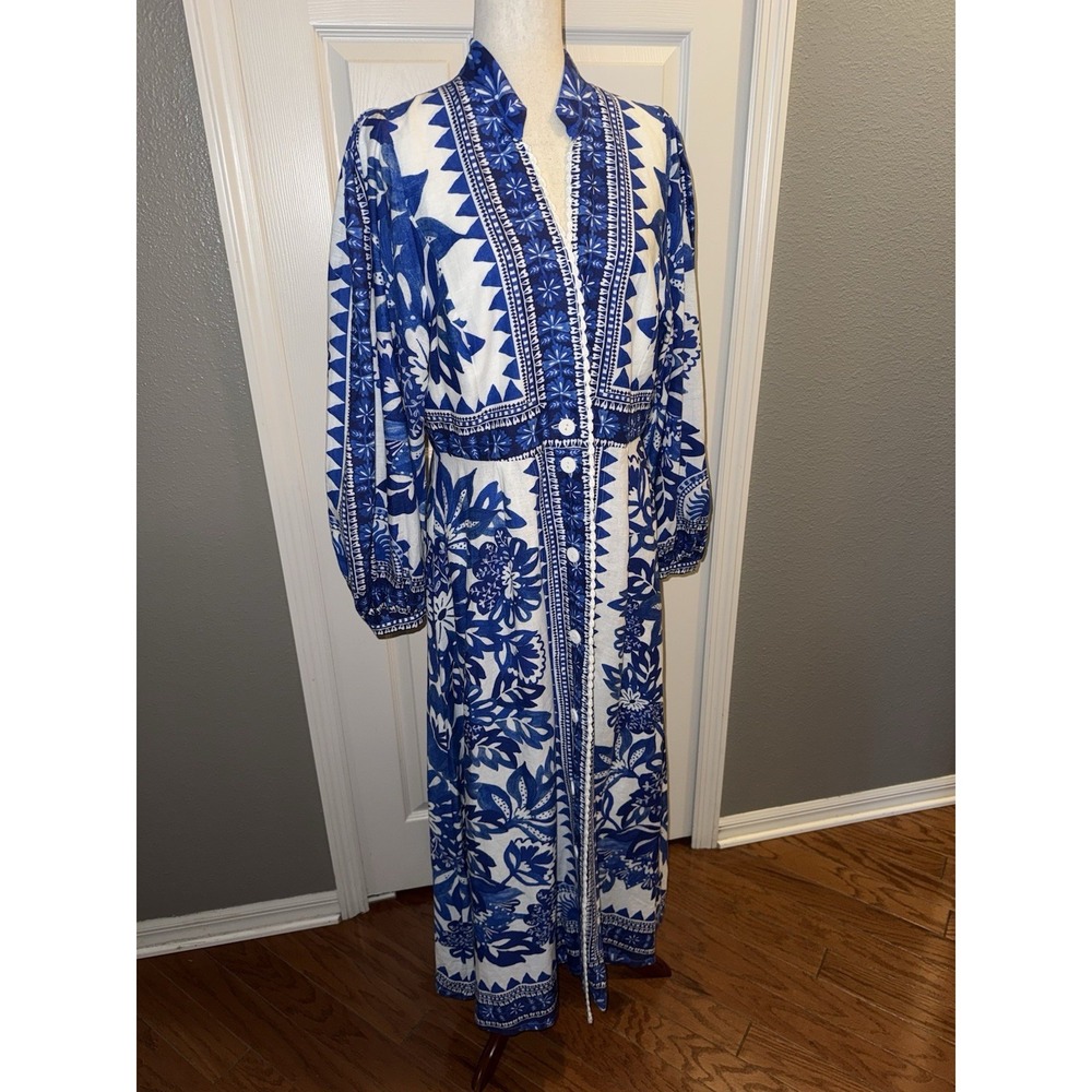 Farm Rio Flora Tapestry Blue White Linen-Blend Maxi Dress Size L Ballon Sleeve - Picture 5 of 16